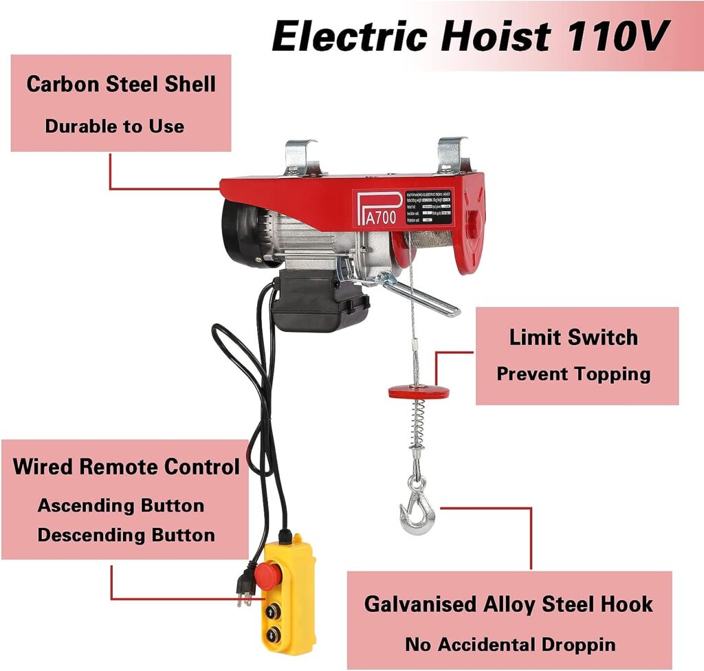 110V 1540 Lbs Lift Electric Hoist, Electric Winch, Garage Ceiling Crane Overhead, Zinc-Plated Steel Wire Hoist for Garage, Warehouses, Factories Lifting, 39ft Lifting Height