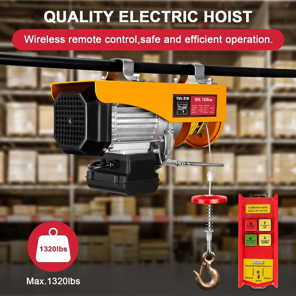 1320 Lbs Electric Hoist with Wireless Remote Control - Ideal for Lifting in Garages, Balconies, and Construction Sites. Automatic Lift Electric Winch with Cable Cranes for Heavy Duty Lifting
