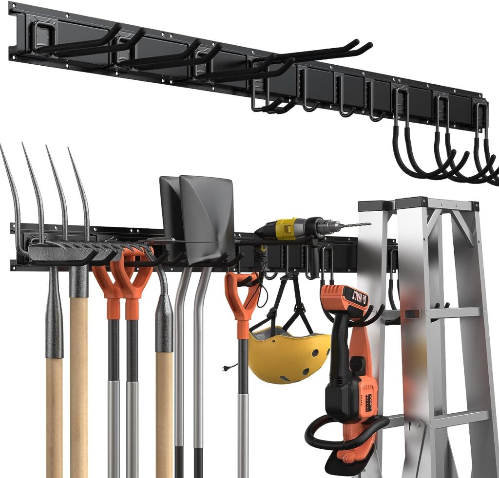 14 PCS Tool Storage Rack, 64 Inches Adjustable Garage Tool Organizer Wall Mounted Storage System with 10 Hooks, Super Heavy Duty Steel Garden Tool Organizer Wall Holders
