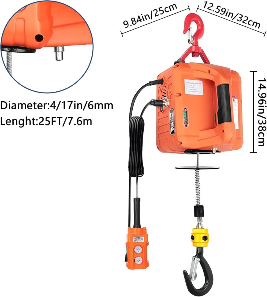 3 in 1 Electric Hoist Winch 1100lbs Portable Electric Winch, 1500W 110V Power Winch Crane, 25ft Lifting Height, w/Wire and Wireless Remote Control, Overload Protection for Lifting Towing