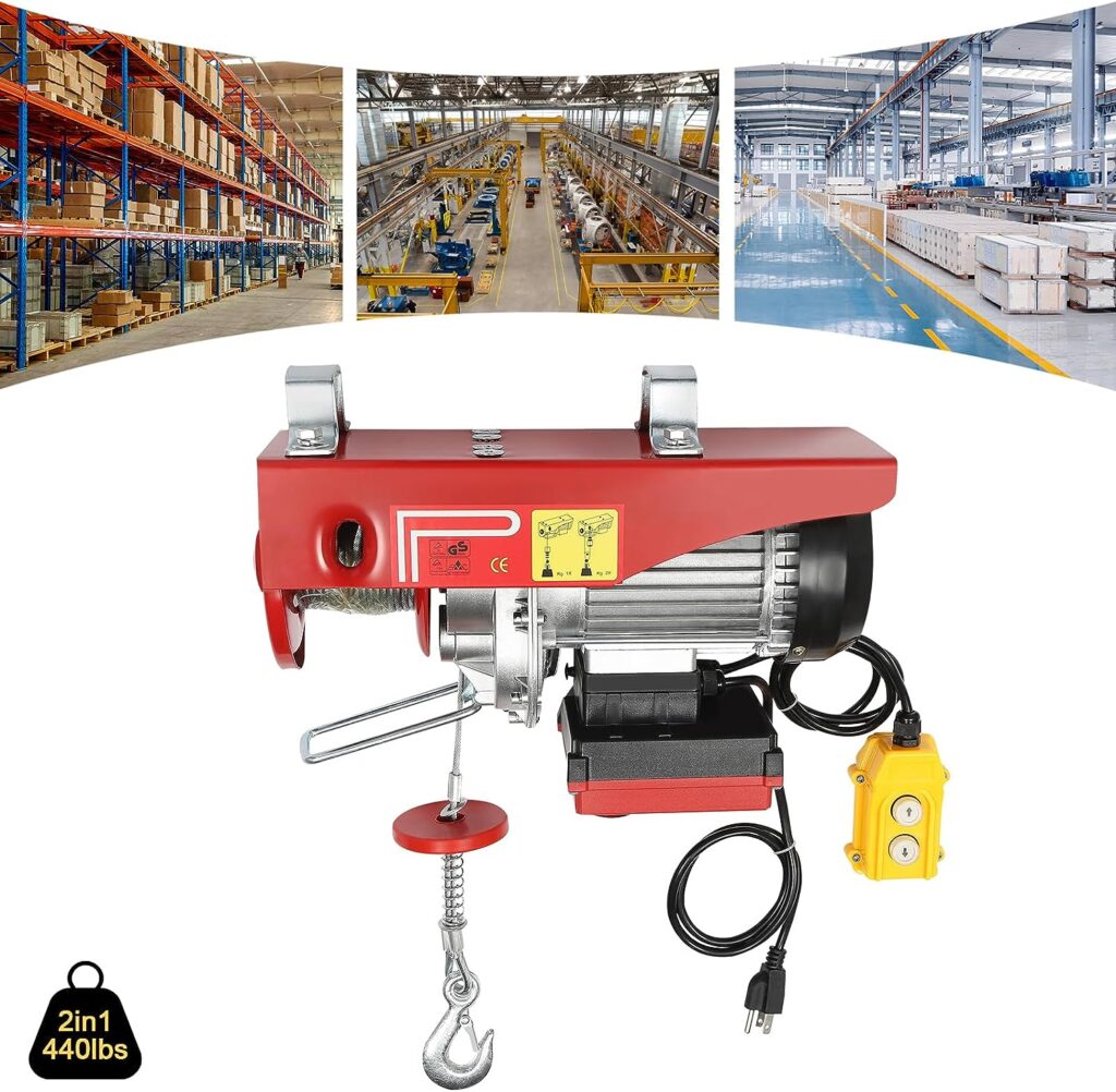 440 Lbs Automatic Electric Cable Hoist, Wireless Remote Control, 110V 510W Overhead Pulley Winch with Towing Sling, 39 ft Cable Length, Electric Winch for Garage, Warehouse, Construction, Farm