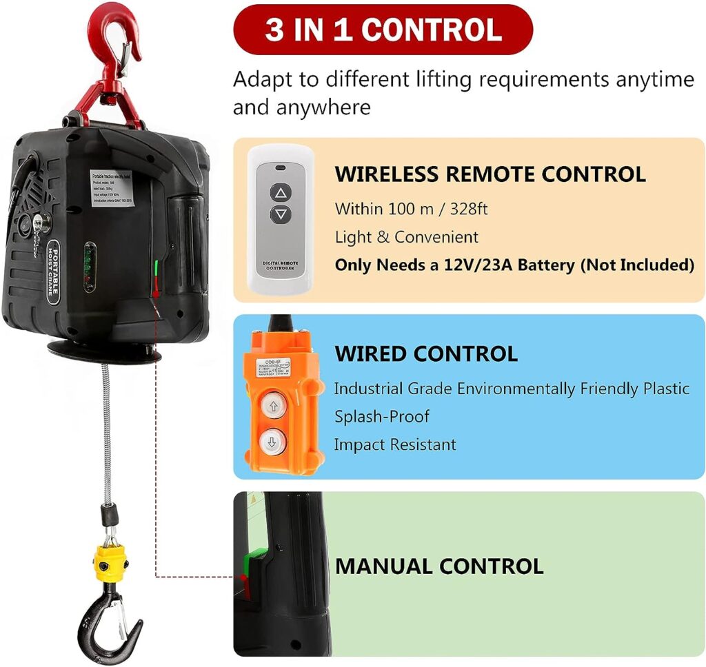 BEAMNOVA 3 in 1 Portable Electric Hoist with Wired  Wireless Remote Control 500kg/1102lbs Capacity Crane Winch Hook Pulley Lifting Strap