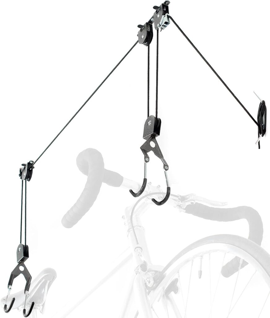 Bike Hoist for Garage with Utility Hooks Lift Storage - Heavy Duty for Space Saving - Road, Commuter  Mountain Bikes, Holds Kayaks  Ladders - No-Hassle Installation for Quick  Easy Access