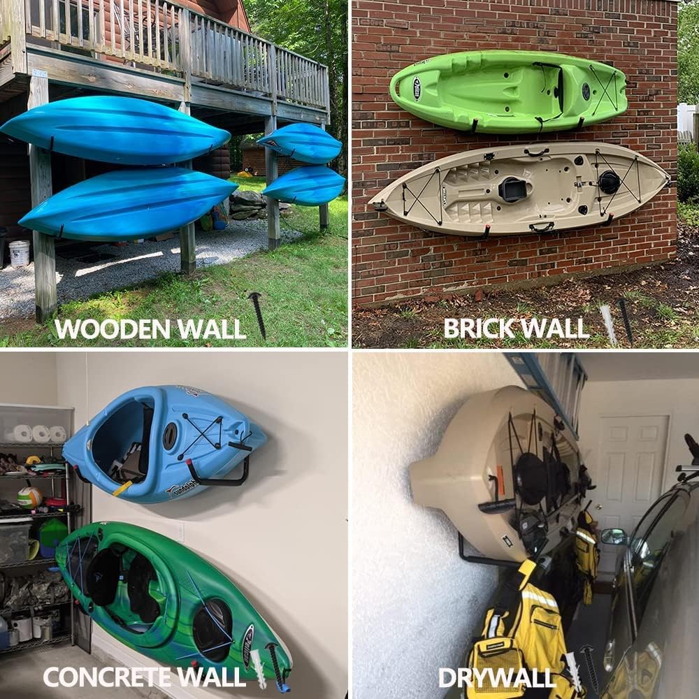 BISEBIN 3-Hole Kayak Storage Rack, Kayak Wall Mount Garag Hooks for Hanging Surfboard, Paddleboards, Canoe, Ladder, Bicycle, Folding Chairs, Hose, Snowboard and Tools