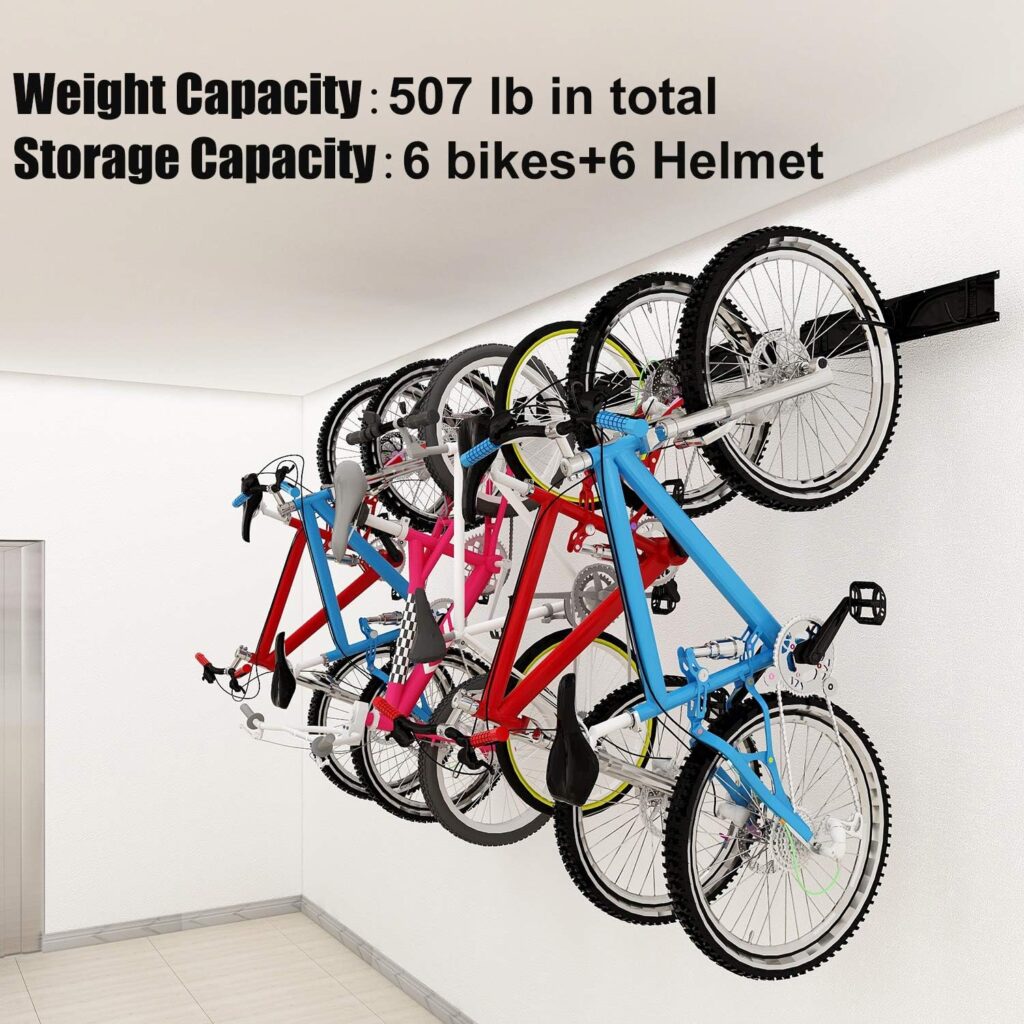 DIRZA Bike Storage Rack Wall Mount Garage Bike Hanger for 6 Bicycles Adjustable Bike Hooks for Home indoor Holds Up to 500lbs(6 bike hooks + 6 bike accessory hooks)