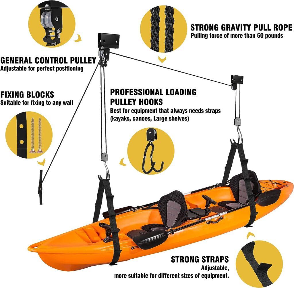 Favorite-trade Kayak Hoist Lift Garage Storage, Canoe Hoists, Heavy Duty Bike Hoist, Kayak Hangers For Garage Ceiling With 125 lb Capacity