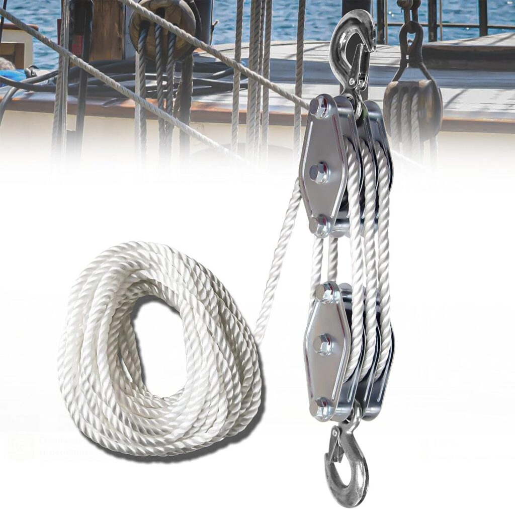 FITHOIST Block and Tackle 1100 lbs, 2200 LBS Breaking Strength Heavy Duty Pulley, 50 Ft 3/8 Rope Pulley, 5:1 Lifting Power Pulley System, Pulley Hoist for Animal Husbandry, Warehouses, Constructions