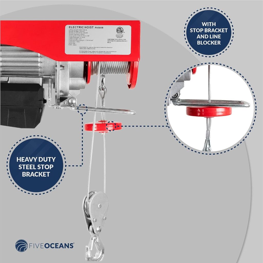 Five Oceans Electric Hoist, Hoist Pulley System, 1100 Lb Electric Winch with Wireless Remote Control 110 Volt - FO4402
