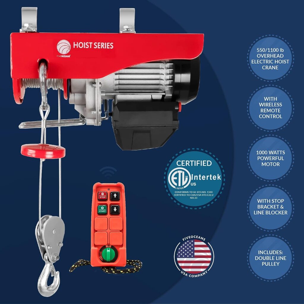 Five Oceans Electric Hoist, Hoist Pulley System, 1100 Lb Electric Winch with Wireless Remote Control 110 Volt - FO4402