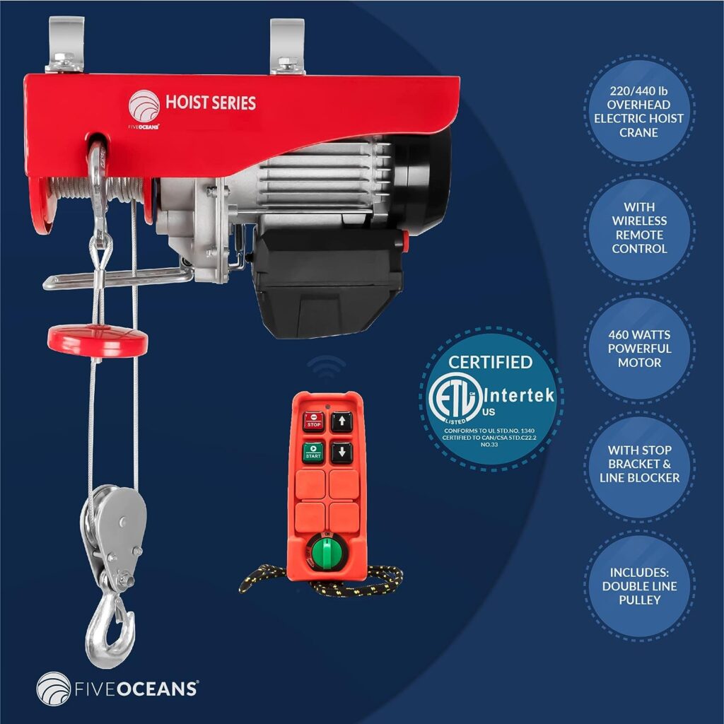 Five Oceans Electric Hoist, Hoist Pulley System, 440 Lb Electric Winch with Wireless Remote Control 110 Volt - FO4400