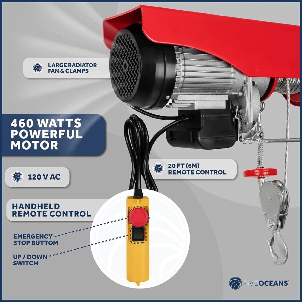 Five Oceans Electric Hoist, Hoist Pulley System, Pulley Hoist, 440 Lb Electric Winch 20FT Remote Control 120 V, Includes Working Gloves for Garage, Factory Lifting Emergency Stop Button - FO3780-C1