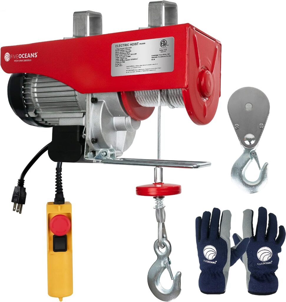 Five Oceans Electric Hoist, Hoist Pulley System, Pulley Hoist, 440 Lb Electric Winch 20FT Remote Control 120 V, Includes Working Gloves for Garage, Factory Lifting Emergency Stop Button - FO3780-C1