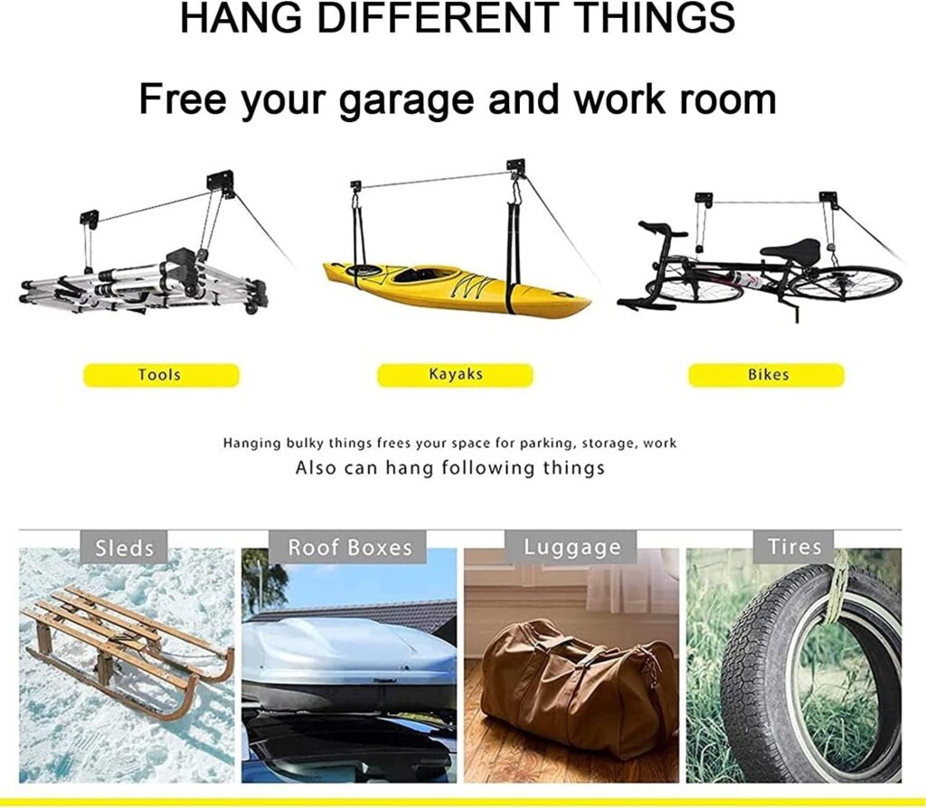 Garage Storage Rack Lift Hoists, 100 Lbs Capacity Heavy Duty Ceiling Mounted with Pulley System for Bicycle Kayak Canoe Surf Ski