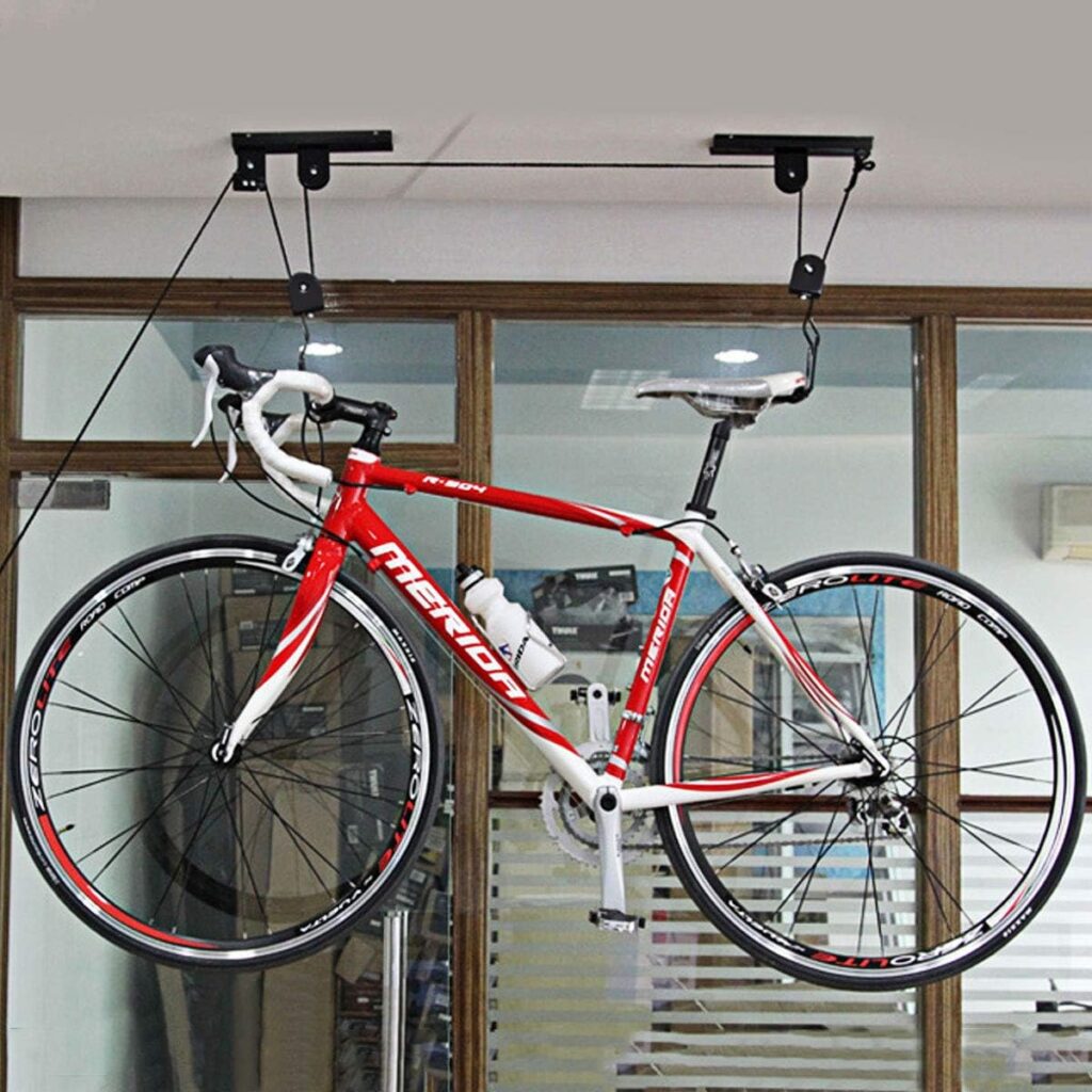 Goplus Bike Lift Hoist Heavy Duty Ceiling Mounted Hoist Storage Garage Hanger Pulley Rack, Lift Height up to 12ft (1 Pack)