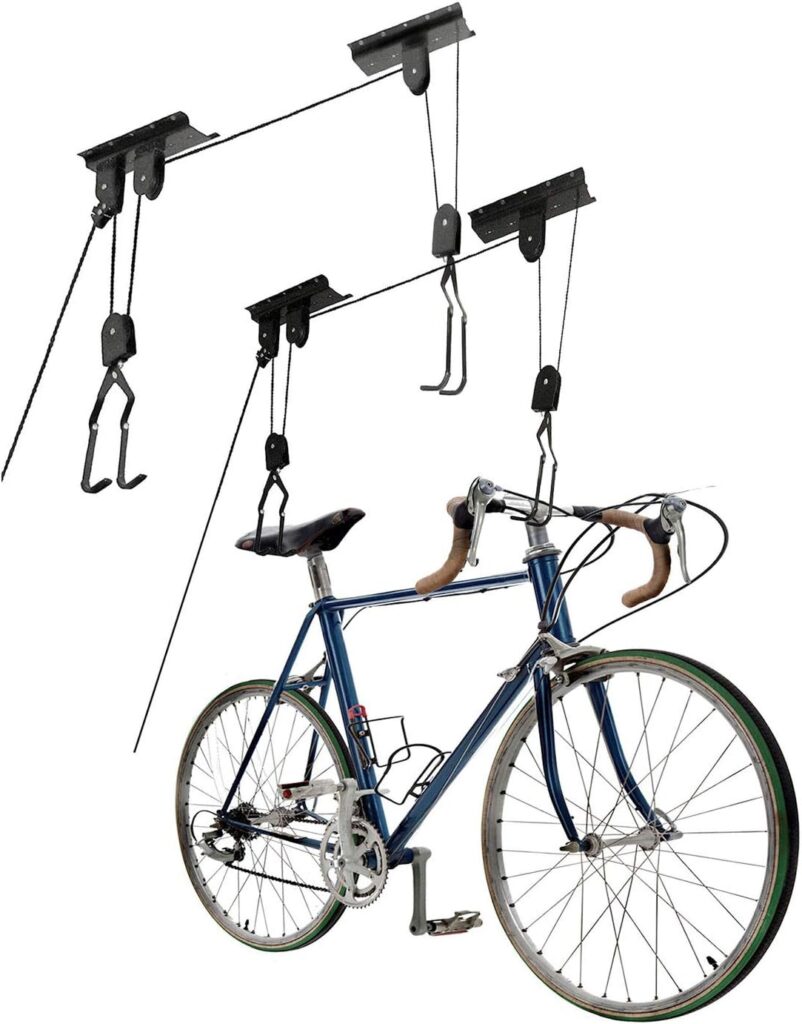 GREAT WORKING TOOLS Bike Hoist for Garage Ceiling Mount Pulley System Bike Storage, 55 Lbs Limit, Set Of 2 Bike Hangers for Garage Storage