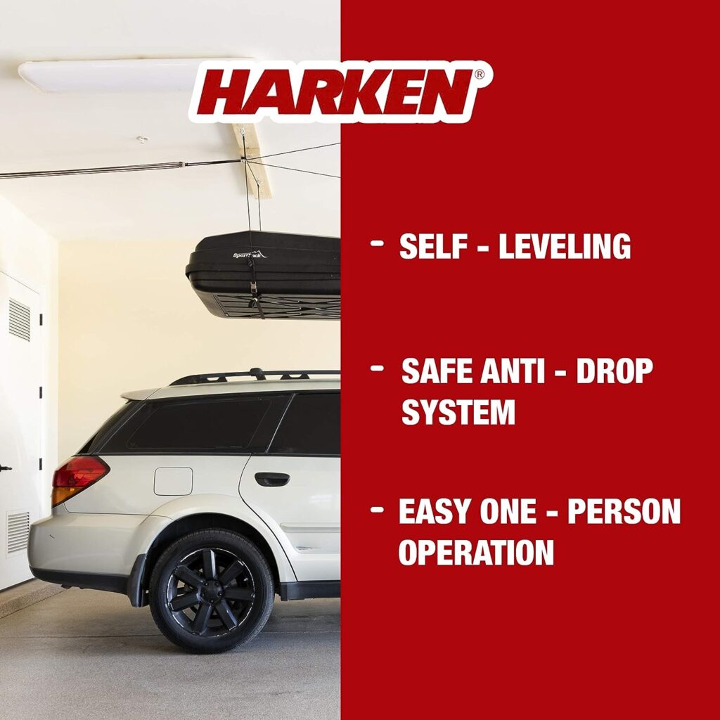 HARKEN - Cargo Box Overhead Garage Storage Hoist, Self-Leveling, Safe Anti-Drop System, Easy One-Person Operation, Smart Garage Organization