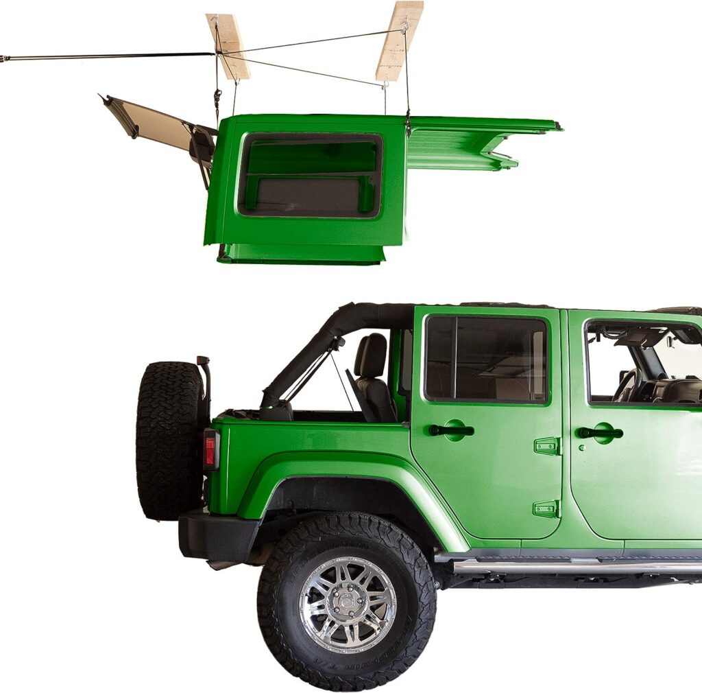 HARKEN - Hardtop Overhead Garage Storage Hoist for Jeep Wrangler and Ford Bronco, Self-Leveling, Safe Anti-Drop System, Easy One-Person Operation, (Bonus T Knobs for Quick Hard Top Removal)
