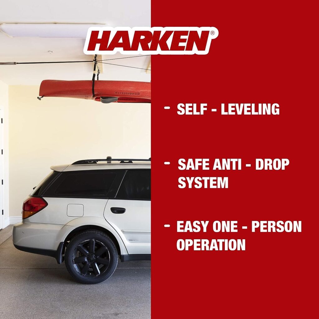 HARKEN - Kayak Overhead Garage Storage Hoist, Self-Leveling, Safe Anti-Drop System, Easy One-Person Operation, Smart Garage Organization