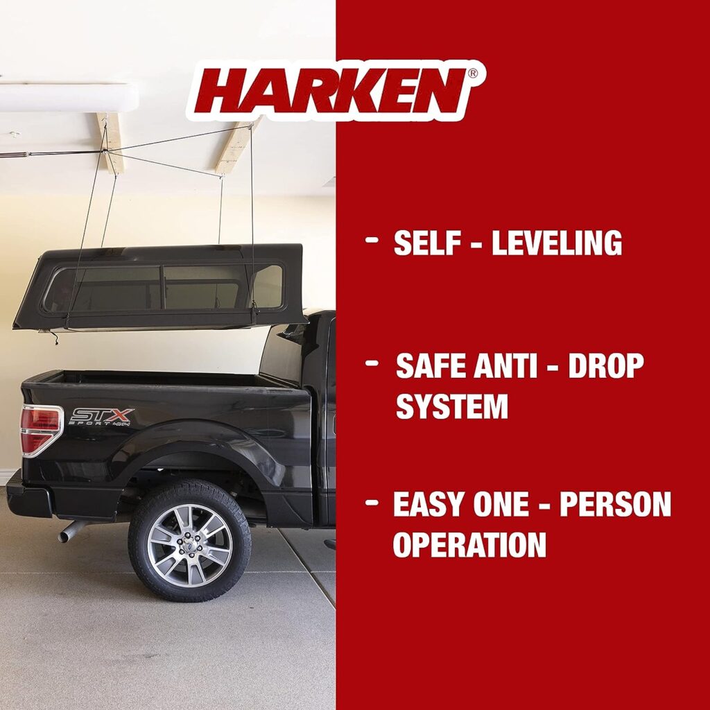 HARKEN - Truck Cap Overhead Garage Storage Hoist, Self-Leveling, Safe Anti-Drop System, Easy One-Person Operation, Smart Garage Organization