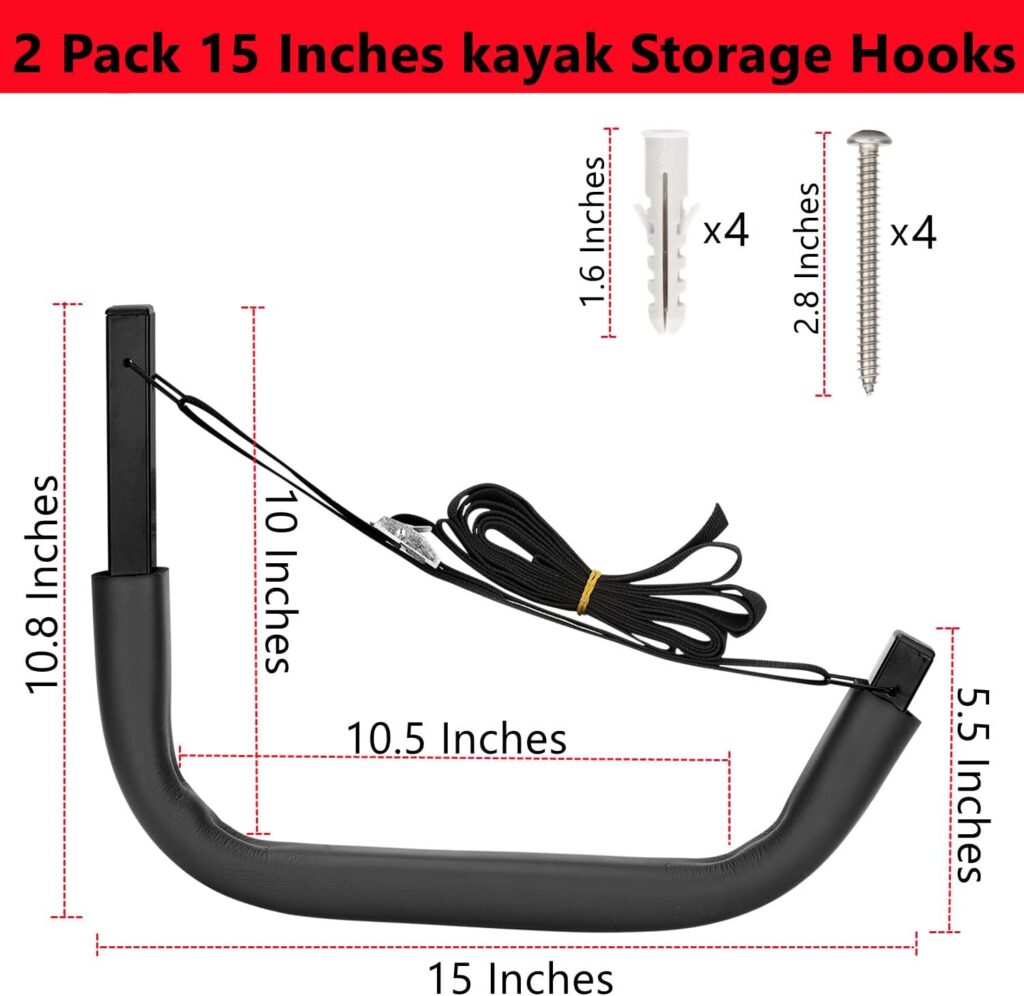 Kayak Storage Rack, 15Inch Wall Mount Paddle Board Storage Hooks, Heavy Duty Surfboard Hanger Max Load 150lbs