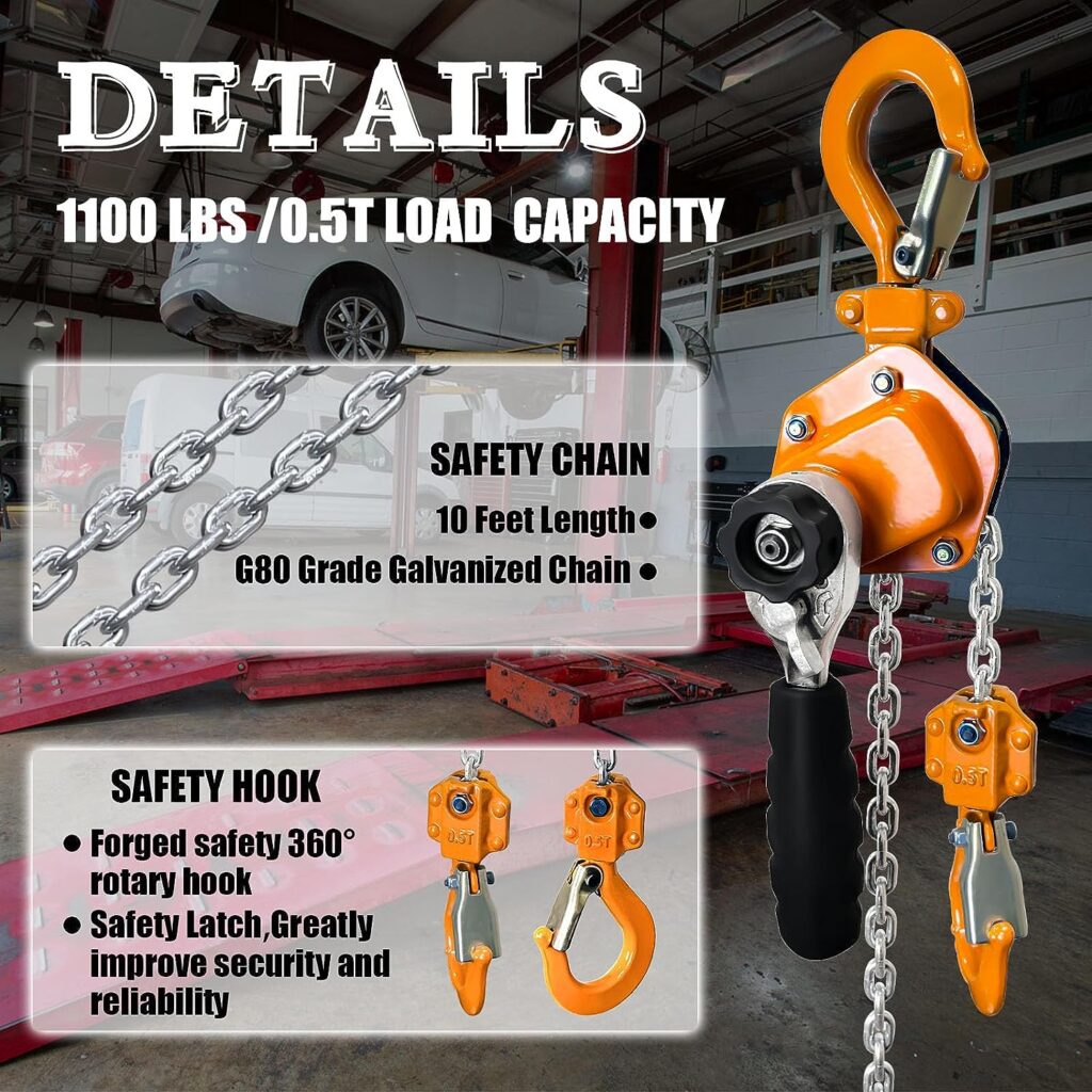 KITUYOTO Mini Lever Chain Hoist 1100 LBS 0.5 Ton Capacity 10Ft/3m Ratchet Chain Puller Hoist with G80 Chain and 2 Heavy Duty Hooks for Lifting Pulling Garages Automotive Machinery Warehouse Building