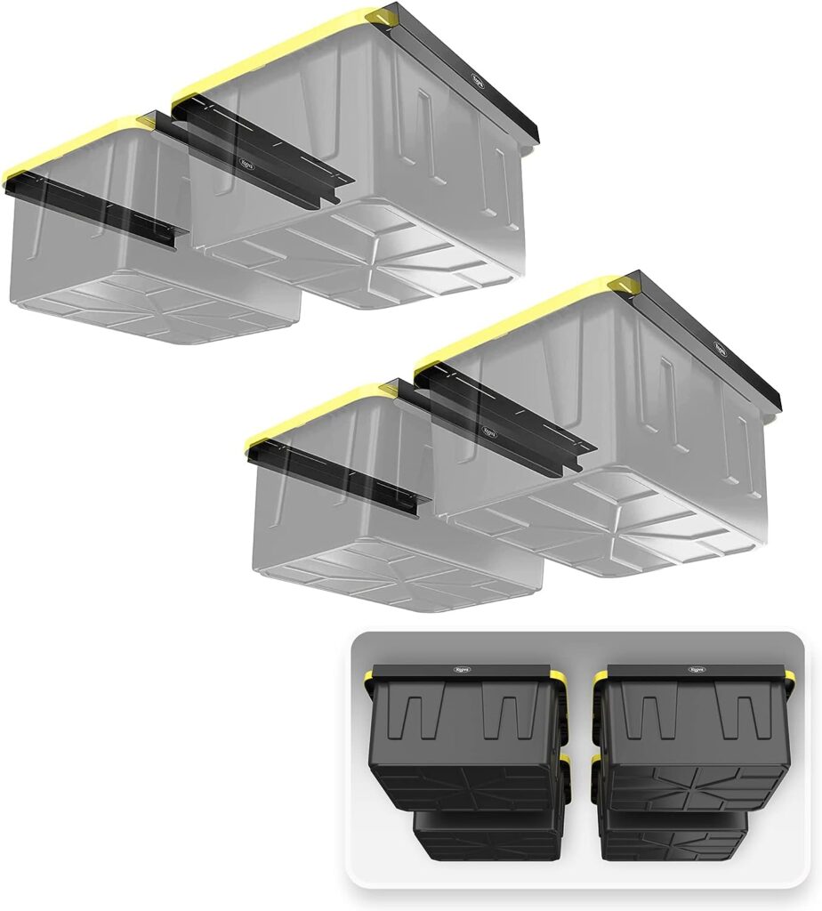 Koova Overhead Bin Rack for Four Bins | Overhead Garage Storage Rack to Mount on Ceiling with Adjustable Width | Supports Most Black and Yellow Storage Bins |4 Sets