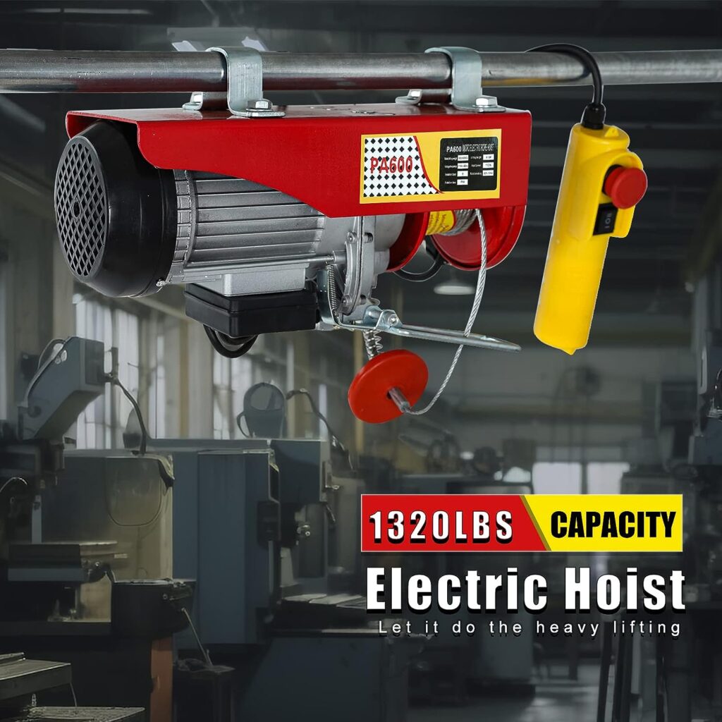 LucaSng Electric Hoist 1320 lbs with Remote Control and 2 Lift Slings Straps,110 Volt Automatic Zinc-Plated Steel Wire Hoist for Garage Warehouse Factory