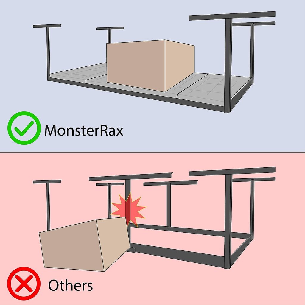 MonsterRax Overhead Garage Storage Rack - 4 x 8 Ceiling Rack for Garage Shelving, Organization  Adjustable Hanging Storage with 8 Hooks for Bikes, Equipment  Accessories (Hammertone, 24-45)