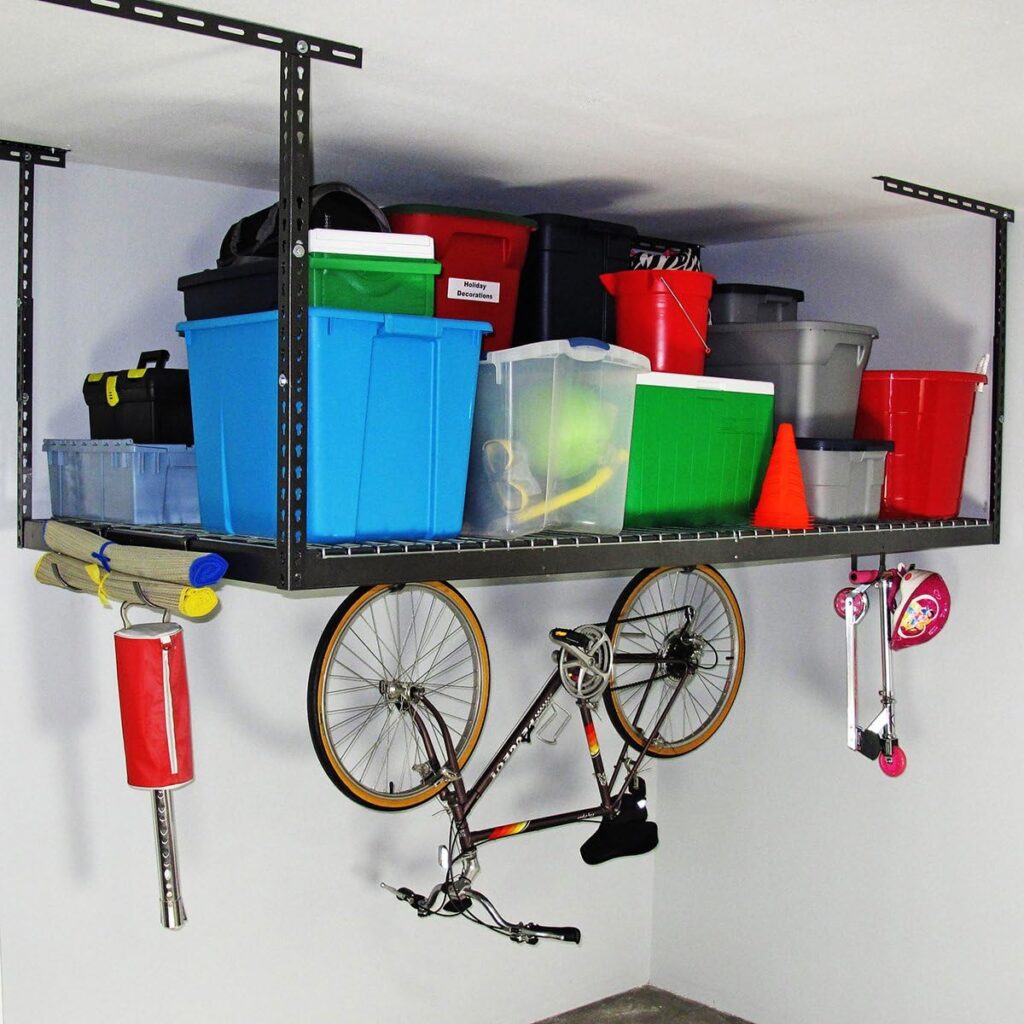 MonsterRax Overhead Garage Storage Rack - 4 x 8 Ceiling Rack for Garage Shelving, Organization, Adjustable Hanging Storage with 8 Hooks for Bikes, Equipment  Accessories (Hammertone, 12- 21)