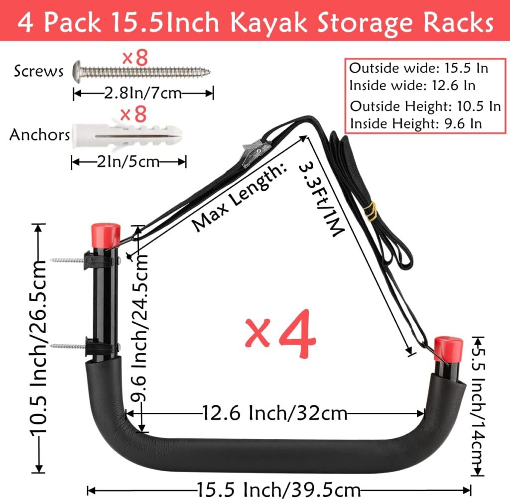 Naikozmo Kayak Storage Racks, 15.3 Inch Wall Mount Garage Storage Hooks for Kayaks, SUP, Paddle Boards and Surfboards, Heavy Duty Hangers with Lashing Straps, 100 LB Capacity, Black + Red