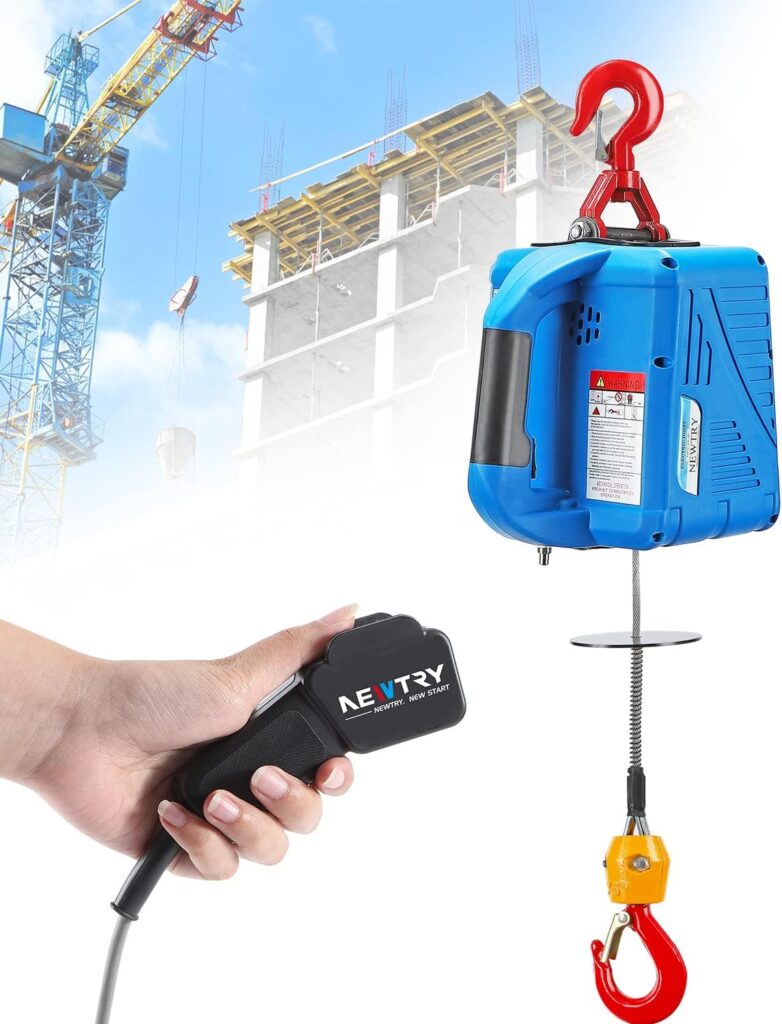 NEWTRY 1,100lb Electric Hoist with Wire Remote Control 16ft/min, 110/120 Volt 25ft Portable Electric Winch w/Straps