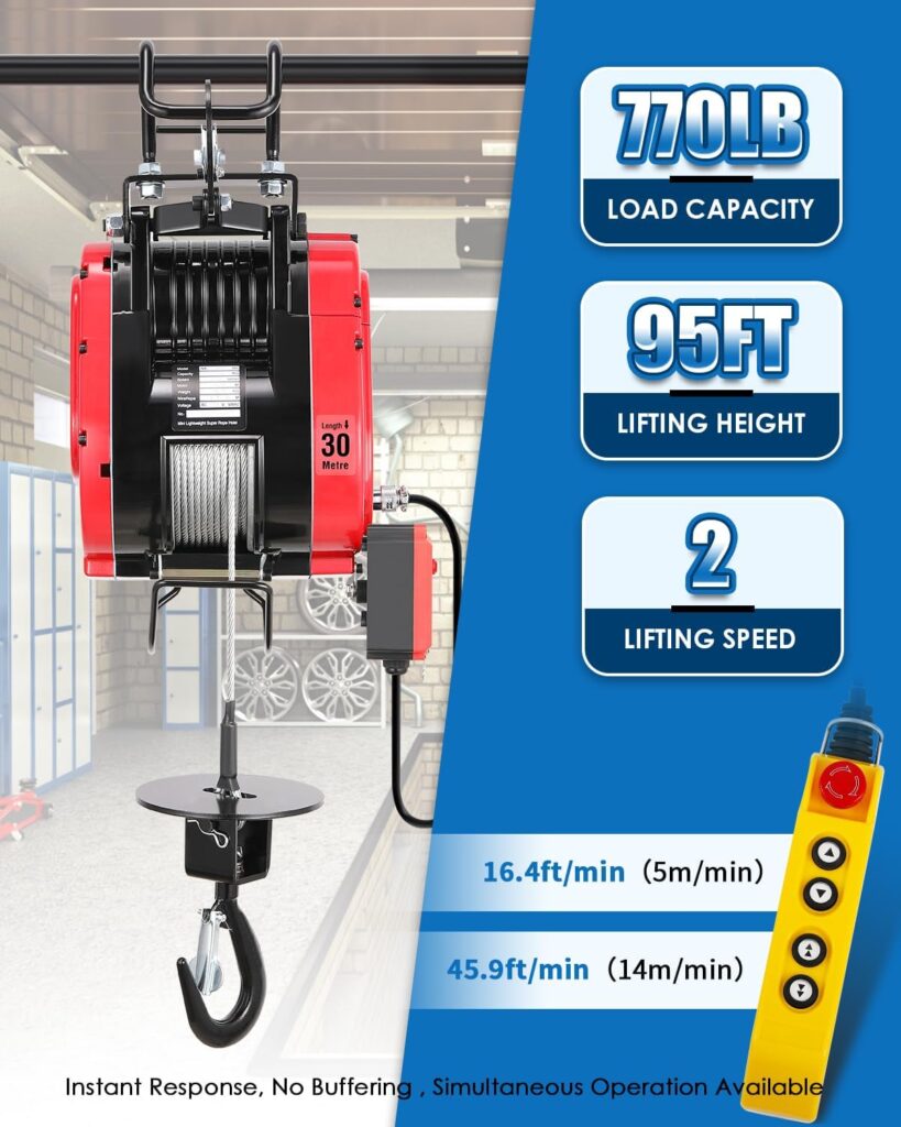 NEWTRY Electric Hoist Winch Lift 770lb, Brushless Motor|2 Adjustable Speed|Wire Remote Control  Wireless Remote Control Power Electric Hoists for Garage, Workshop