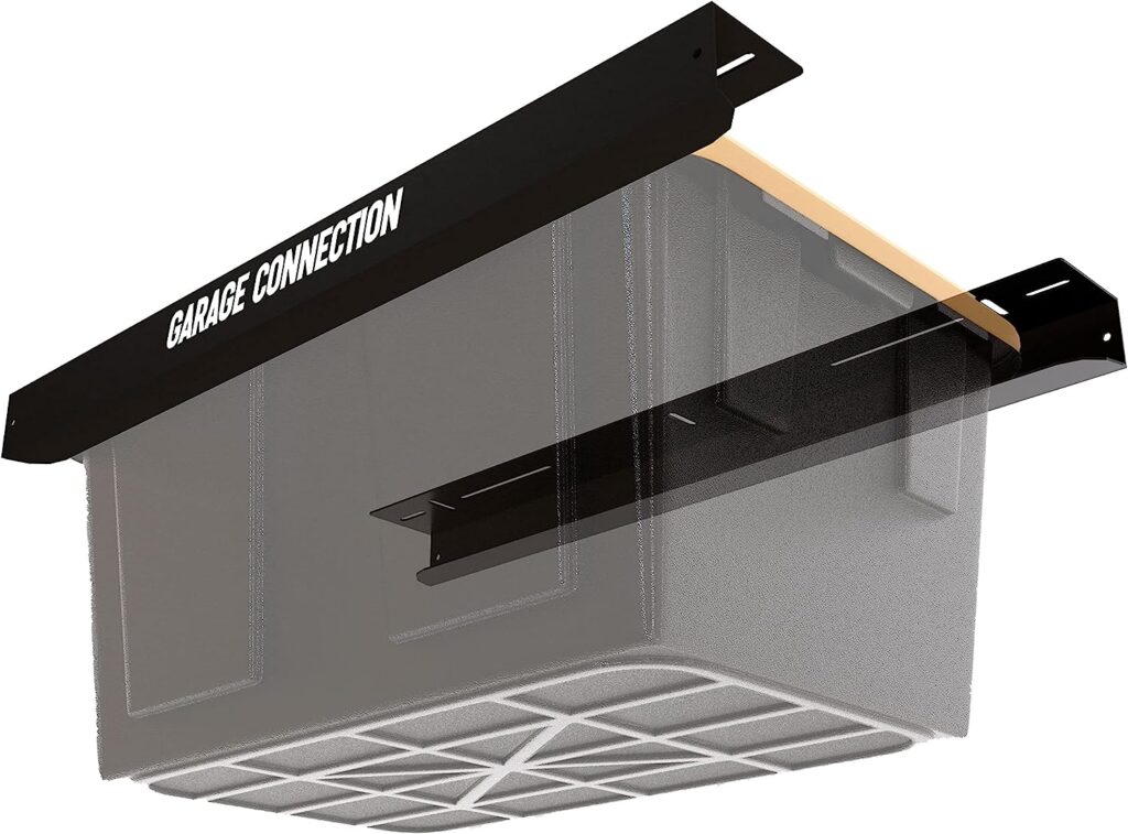 Overhead Garage Storage Bin Rack - Ceiling Bracket for Holding Gallon Tote - Organization Shelving and Track - 2 Pack