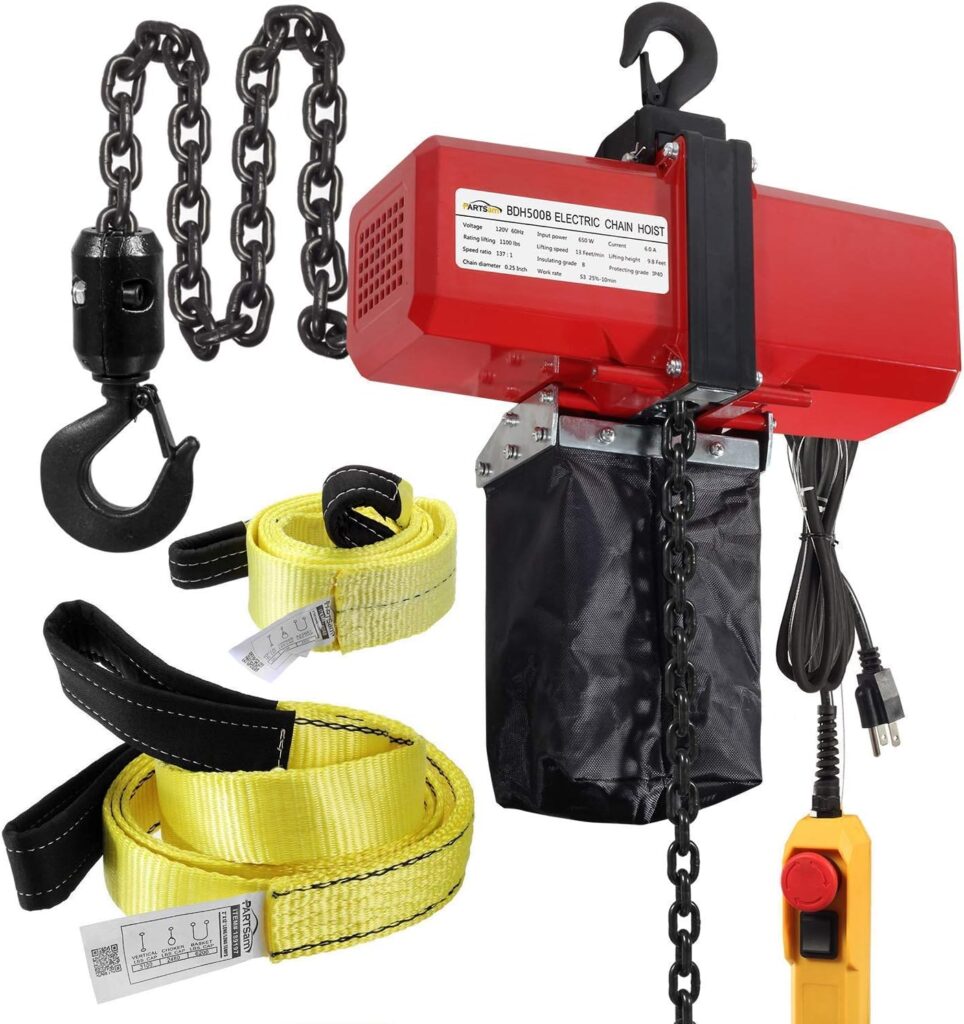 Partsam 1100lbs Lifting Electric Chain Hoist (1/2T 110V) Single Phase Overhead Crane Garage Ceiling Pulley Winch Bundled with Towing Strap 2PCS 12Feet x 2inch