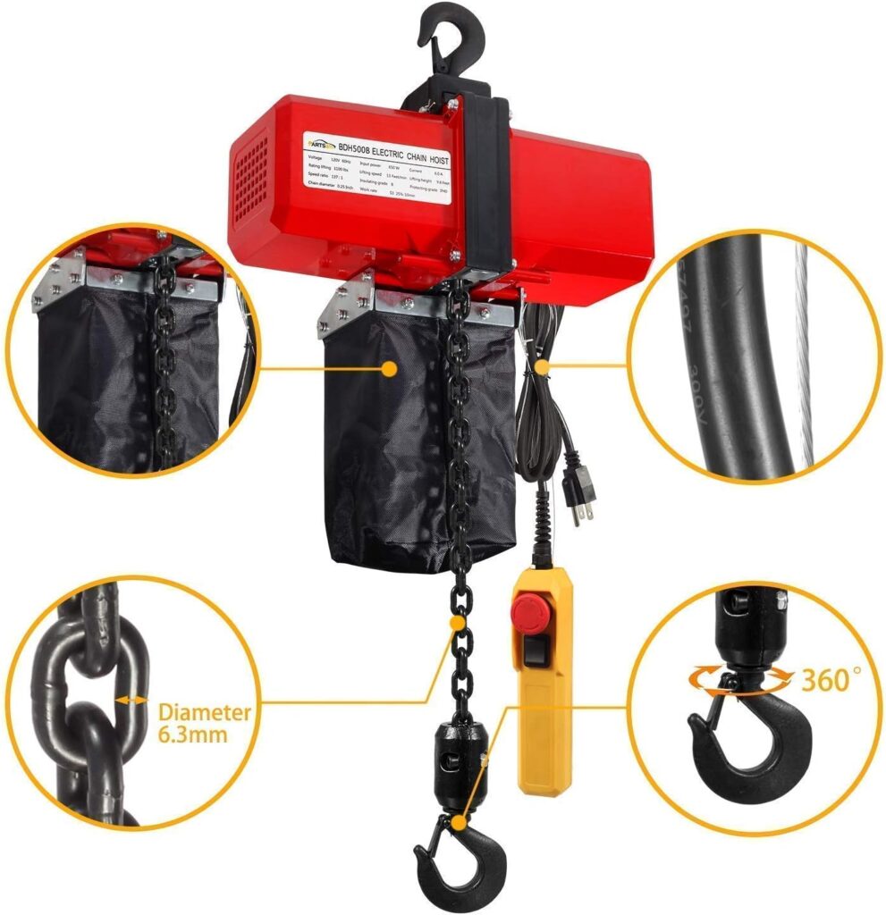 Partsam 1100lbs Lifting Electric Chain Hoist (1/2T 110V) Single Phase Overhead Crane Garage Ceiling Pulley Winch Bundled with Towing Strap 2PCS 12Feet x 2inch
