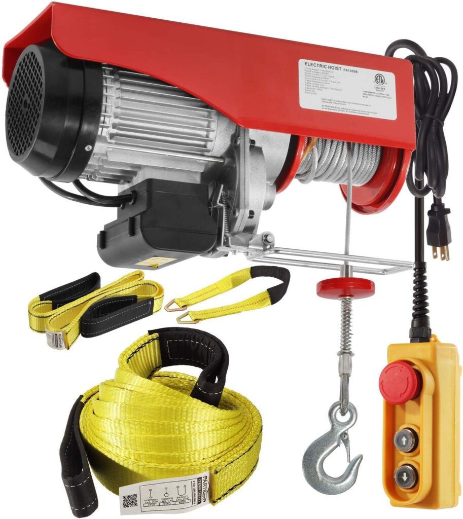 Partsam 2200 Lift Electric Hoist Crane Remote Control Overhead Crane Garage Ceiling Pulley Winch Bundled with Towing Strap 20Feet x 2inch (w/Emergency Stop Switch)