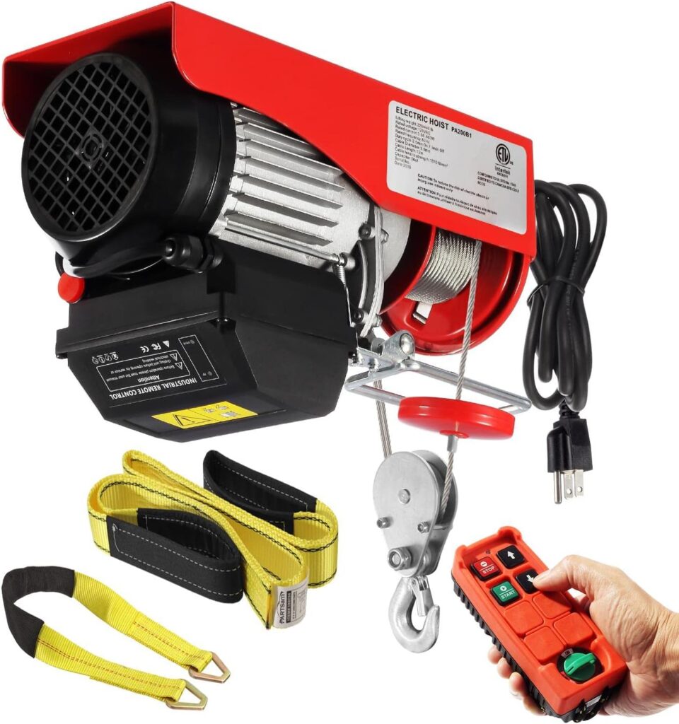 Partsam 440lbs Automatic Lift Electric Cable Hoist with Wireless Remote Control 120V Overhead Crane Garage Ceiling Pulley Winch w Towing Strap Sling, Electric Wire Rope Hoist, 38ft Lifting Height