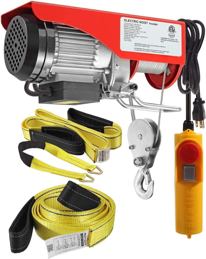 Partsam 440lbs Lift Electric Hoist Crane Remote Control Overhead Crane Garage Ceiling Pulley Winch Bundled with Towing Strap 2PCS 10Feet x 2inch (w/Emergency Stop Switch)