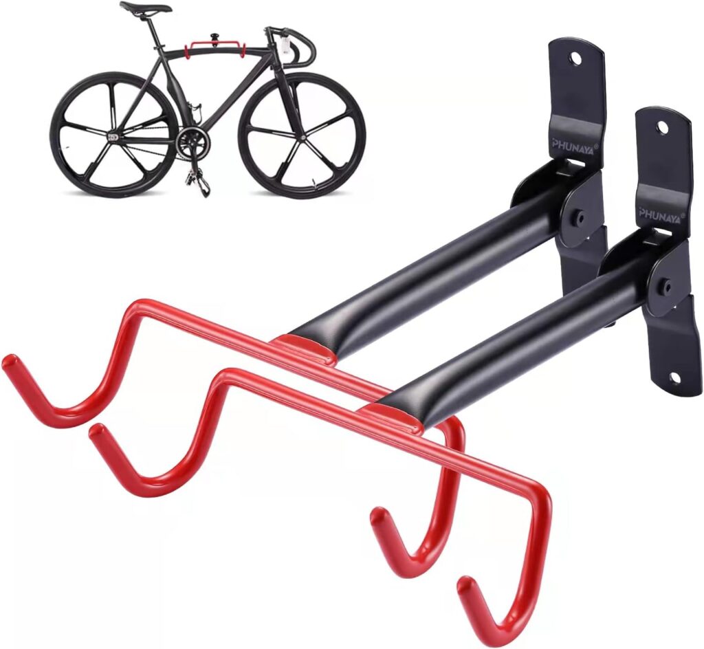 PHUNAYA Bike Hanger Wall Mount Bike Hook Horizontal Foldable Bicycle Holder Garage Bike Storage Bicycle Hoist Heavy Duty Screws (2 pack)