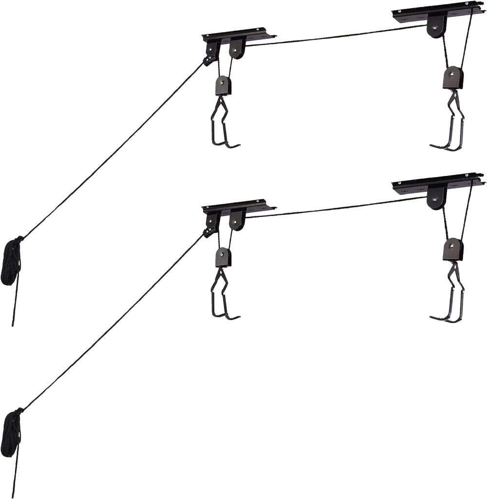RAD Sportz Set of 2 Bike Hangers for Garage-Hoist Pulley System with 100lb Capacity-Overhead Ceiling Storage for Bicycles or Ladders, Silver