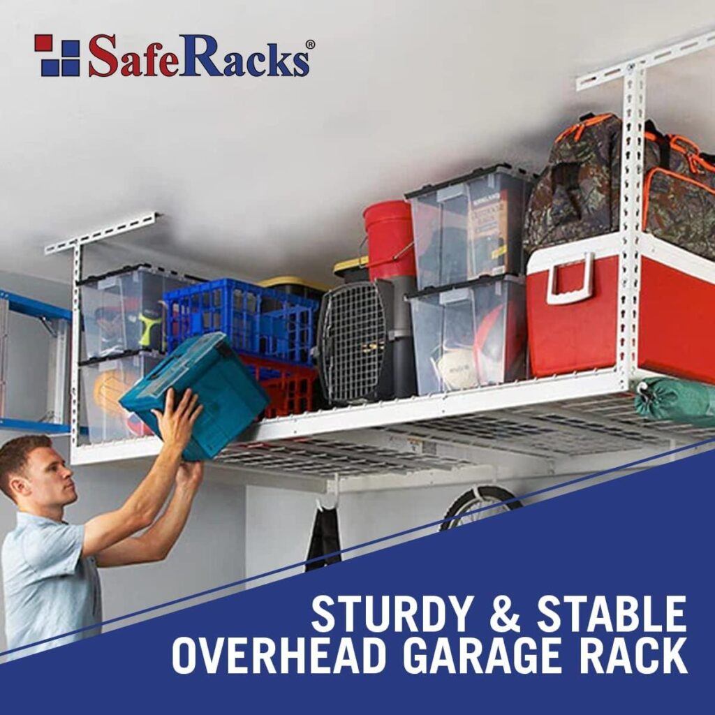 SafeRacks Overhead Garage Storage Rack, Heavy Duty Racks for Garage w/ 600 lb Capacity, Easy Garage Storage Adjustable Storage Rack Ceiling Mount Storage for Garage 4x8 White, 18-33 (2 Pack)