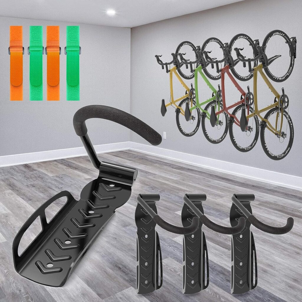 SMALLRT Plastic,Metal,Steel,Rubber 4 Pack Garage Bike Rack Wall Mount Organizer Bike Hook Bicycle Hanger Storage System Vertical Hanging for Indoor Shed Easily Hang Heavy Duty 66 lbs for Road Mountain Hybrid Bikes with 4 Rack Straps