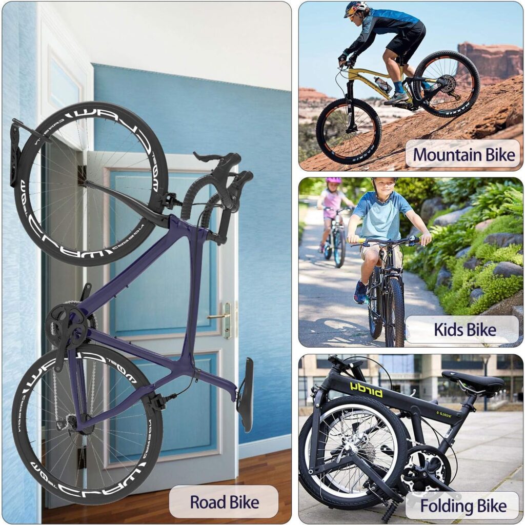 SMALLRT Plastic,Metal,Steel,Rubber 4 Pack Garage Bike Rack Wall Mount Organizer Bike Hook Bicycle Hanger Storage System Vertical Hanging for Indoor Shed Easily Hang Heavy Duty 66 lbs for Road Mountain Hybrid Bikes with 4 Rack Straps