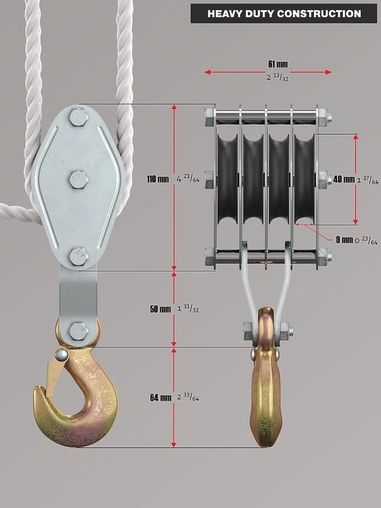 SoB Block and Tackle Pulley System for Lifting Heavy Objects - 4000LB Breaking Strength 65 Feet of 3/8 Rope - 7:1 Lifting Power - Heavy Duty Rope Hoist Pulley System for Garage Warehouse Building
