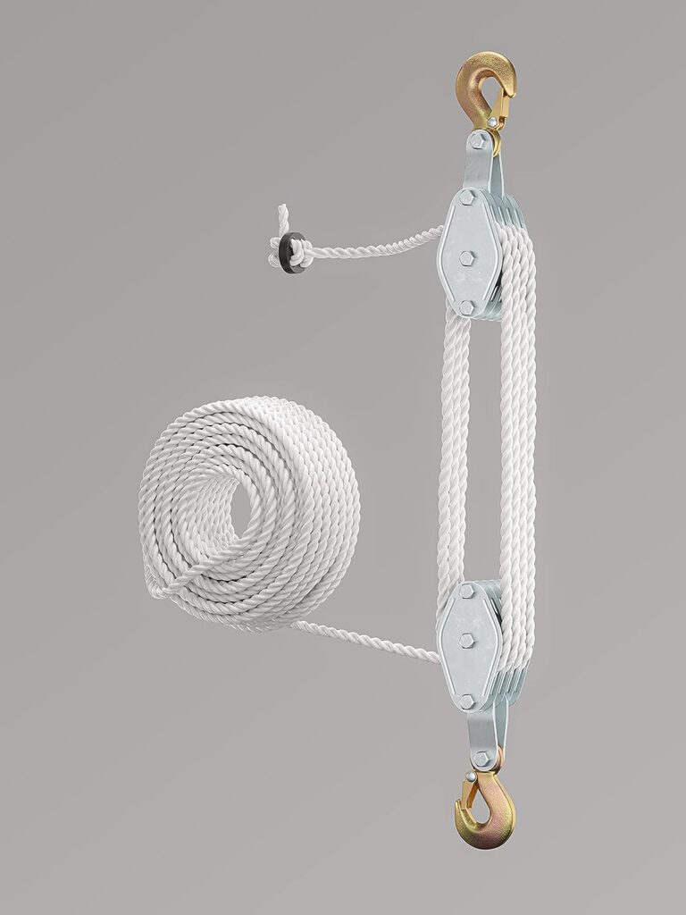 SoB Block and Tackle Pulley System for Lifting Heavy Objects - 4000LB Breaking Strength 65 Feet of 3/8 Rope - 7:1 Lifting Power - Heavy Duty Rope Hoist Pulley System for Garage Warehouse Building
