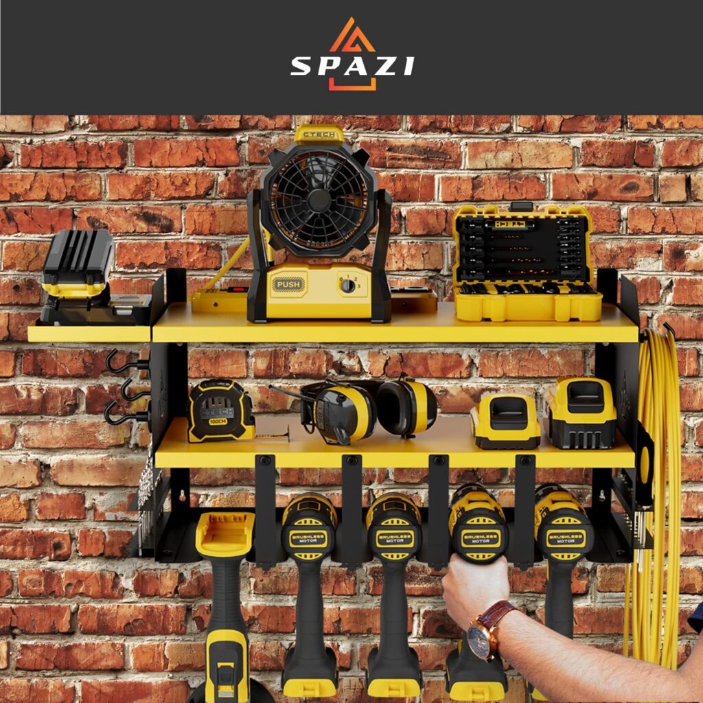 SPAZI Power Tool Organizer Wall Mount (25.5 Lx9 Wx12 H) Storage Rack with Drill Holder, Tray,  4 Magnetic Hooks - Steel Cordless -Garage w/ 2 Shelves, Black Yellow