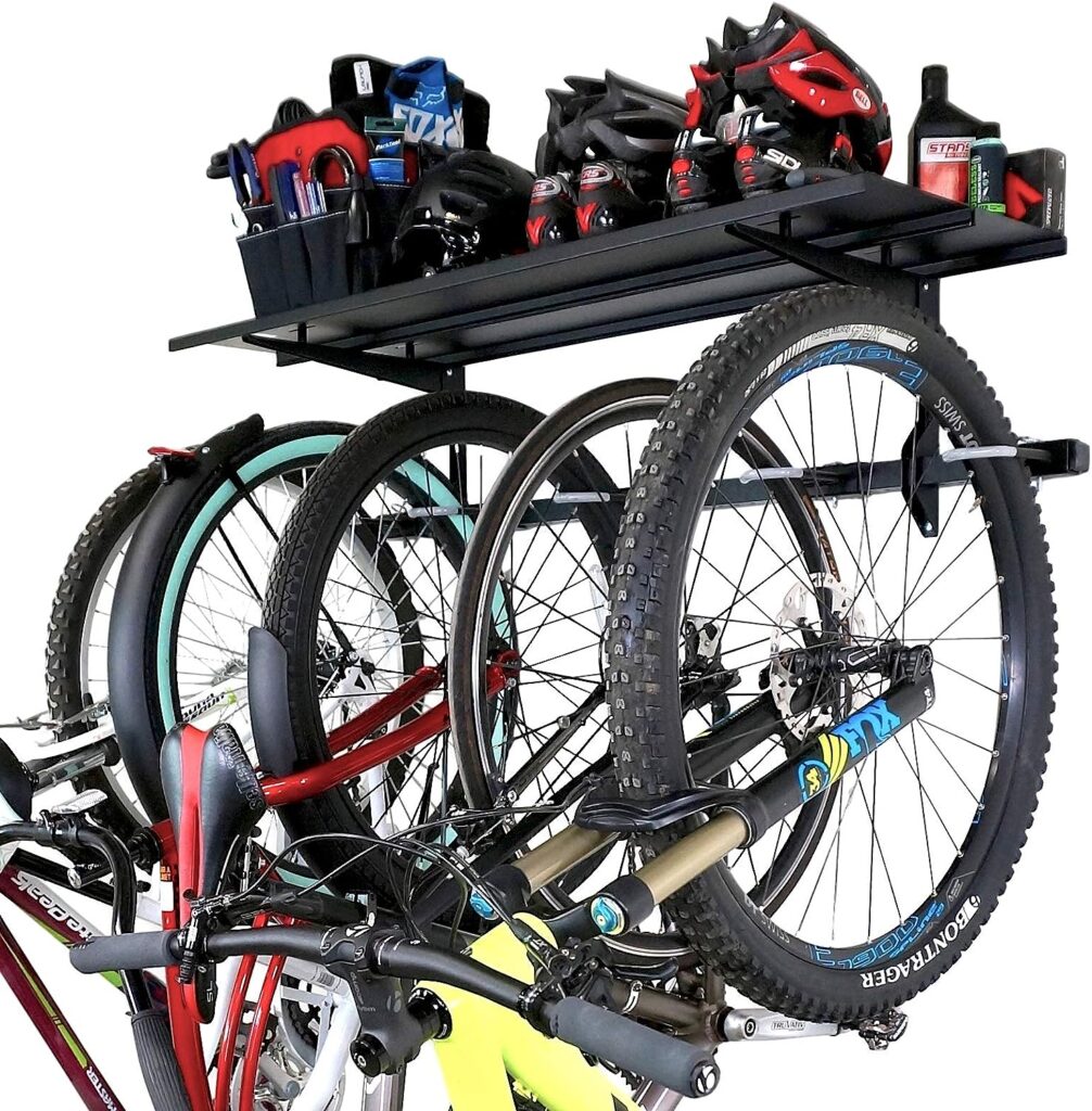 StoreYourBoard 5 Bike Essential Garage Rack, Wall Mount Bicycle Storage, Adjustable Hanger System (5 Bike Rack + Shelf)