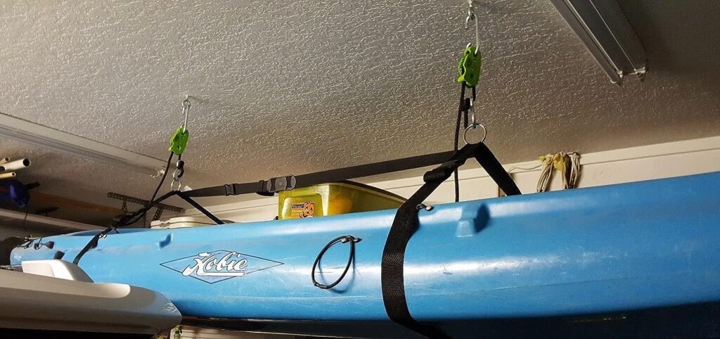 Tie Boss Kayak Hanger, Cargo Ceiling Storage, Overhead Storage, Watercraft Garage Storage, Hoist System. Green