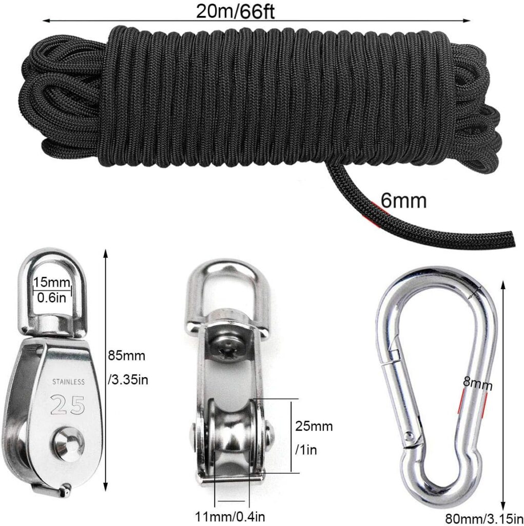 TooTaci 2pcs M25 Crane Pulley Block,Heavy Duty Pully System for Lifting,304 Stainless Steel Swivel Hook Single Pulley Block with 20M(6mm) Nylon Pulley Rope  2pcs Carabiner Snap Hook