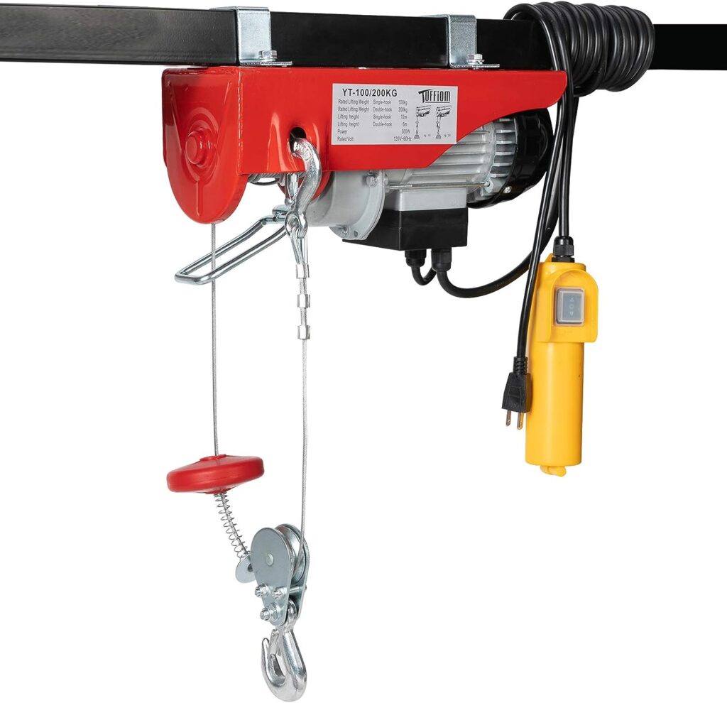 TUFFIOM 120V 440 LBS Lift Electric Hoist Crane, Electric Winch Wire Remote Control, Steel Electric Lift，Carbon Steel Overhead Ceiling Mount Garage Pulley, Single/Double Slings for Lifting